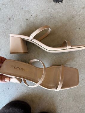 Nude Blush Strappy Square-Toe Mid Block Heel Sandals